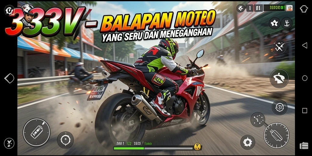 Screenshot gameplay 333V menampilkan balapan motor yang mendebarkan.