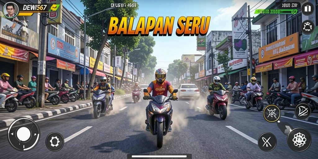 Tampilan gameplay seru dalam balapan DEWI567 dengan banyak kendaraan.