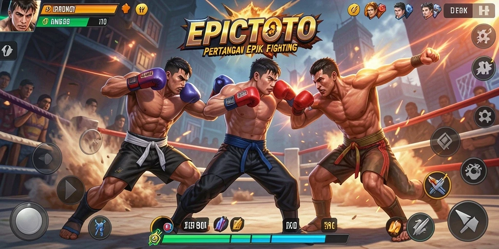 Tangkapan layar gameplay EPICTOTO menampilkan pertarungan mendebarkan dengan karakter yang kuat.