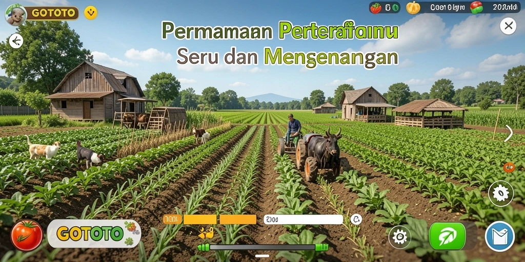 Tampilan gameplay GOTOTO yang menggambarkan aktivitas bertani dan memanen.