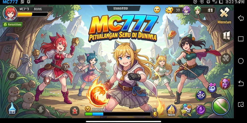 Screenshot utama MC777 memperlihatkan karakter Anime dalam aksi epik.