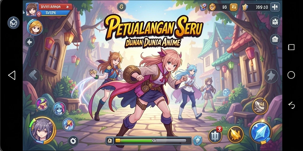 Screenshot gameplay SVIP8 menampilkan karakter anime bertarung di dunia fantastis.