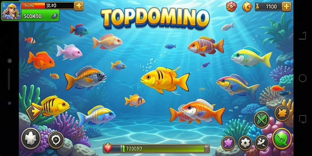 Gameplay seru di TOPDOMINO dengan berbagai ikan menanti untuk ditembak.